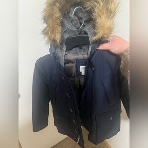 GAP Kids Dark Blue Puffer Jacket with Faux Fur Hood